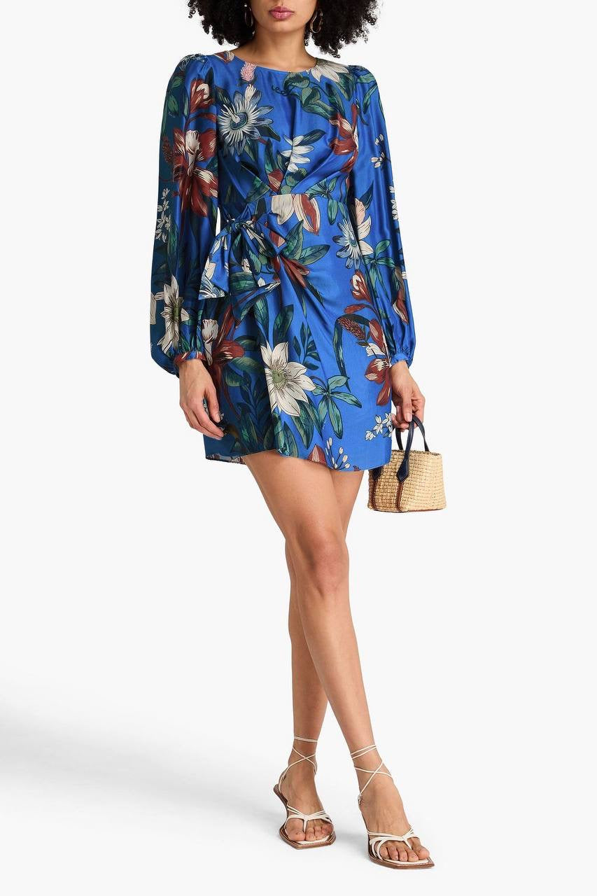 FR Blue Surreal Flowers Viscose Wrap Mini Dress