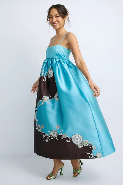 ALM Gia Printed Maxi Dress Sundress with Back Ribbon Bow Tie