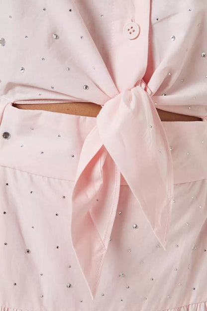 SD Azazel Pink Rhinestone Embellished Tie-Front Cotton Midi Dress