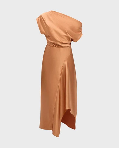 ALC Jasmine Ruched One Shoulder Satin Midi Dress