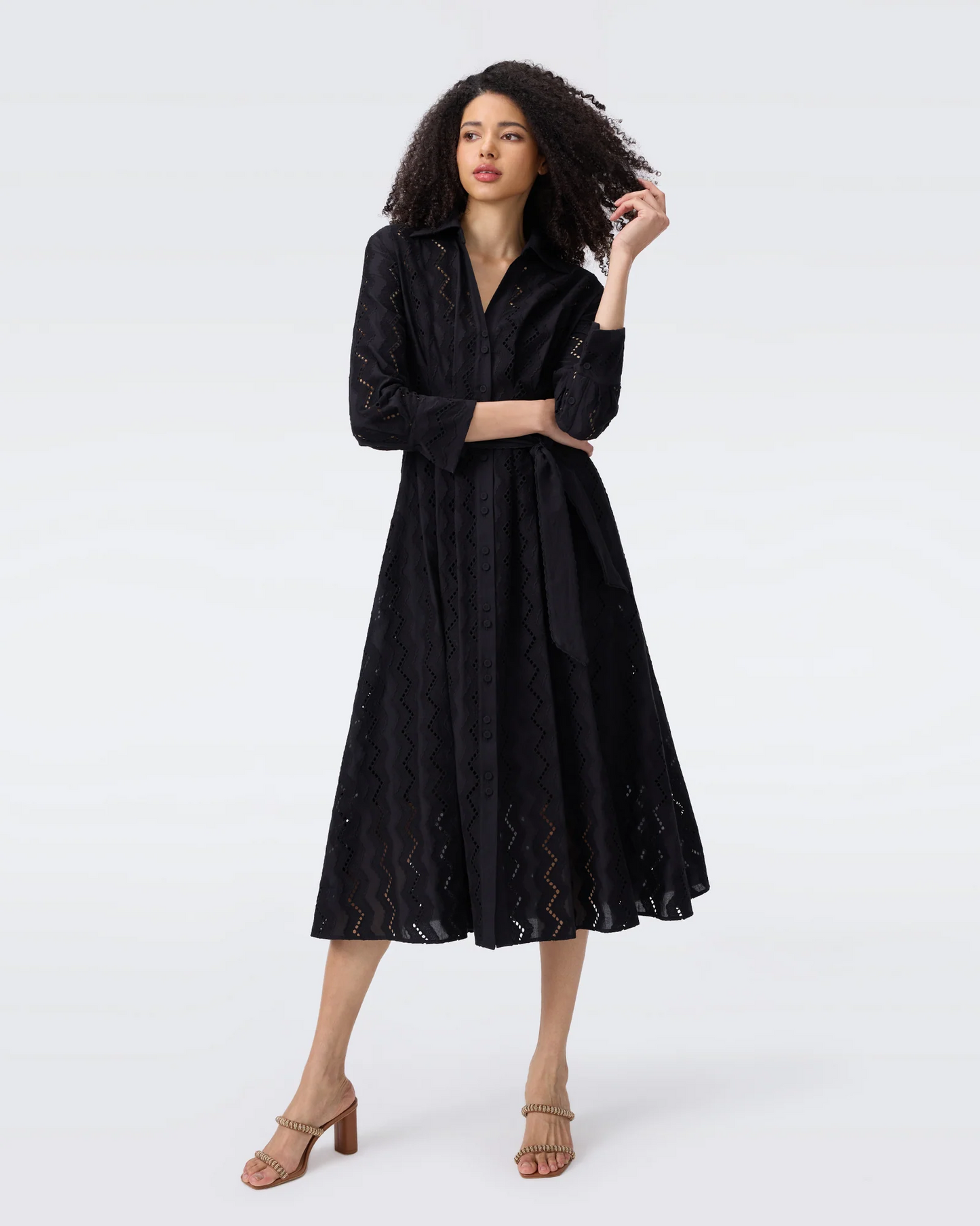 DVF Macy Geometric Embroidery Cotton Shirtdress Midi Dress