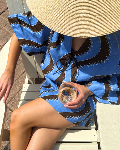 ALM024 Bold Brown/Blue Wave Stitch Tunic Shift Linen Mini Dress