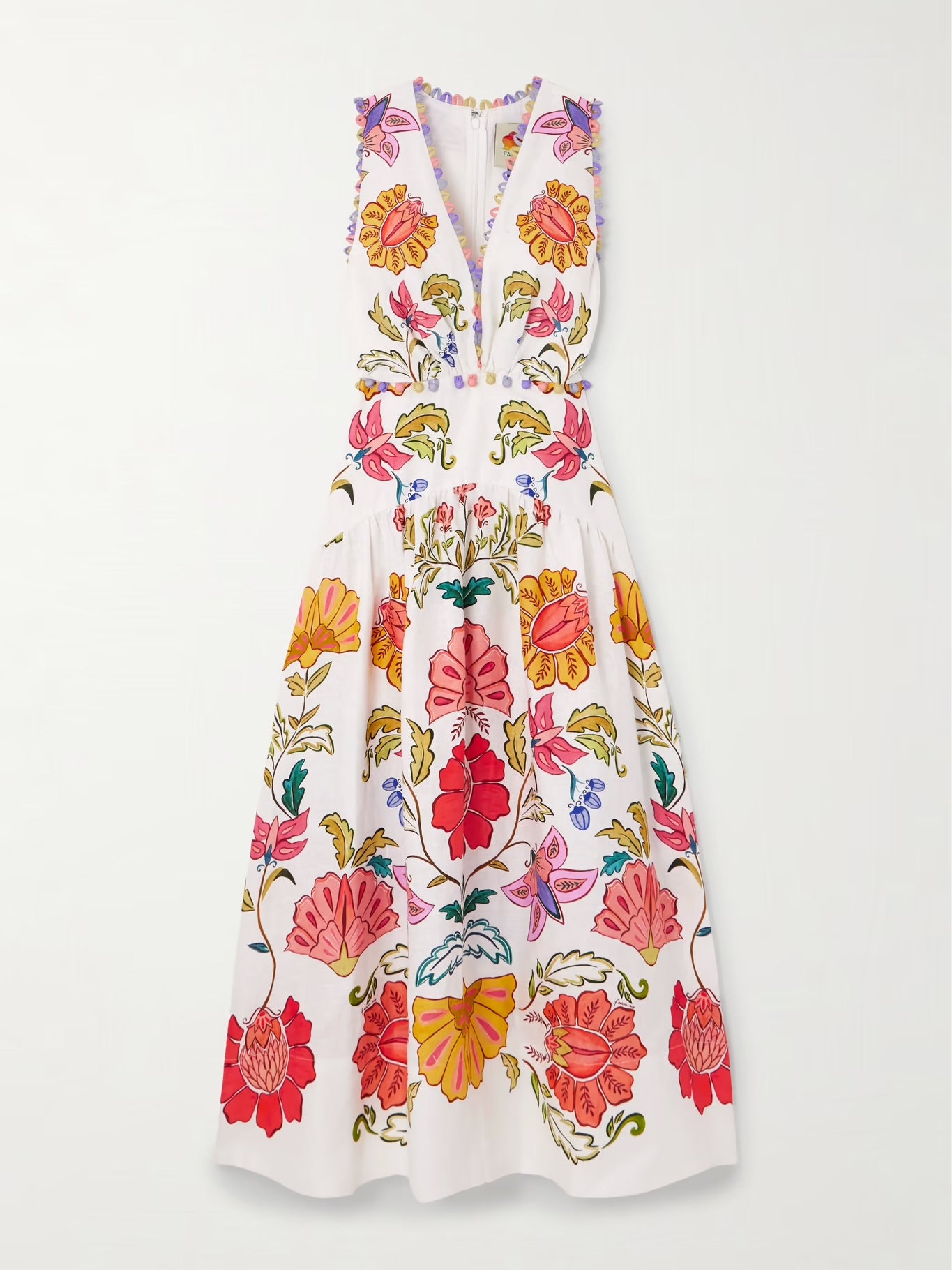 FR Floral Insects Plunge Neck Embellished Printed Linen Midi Dress