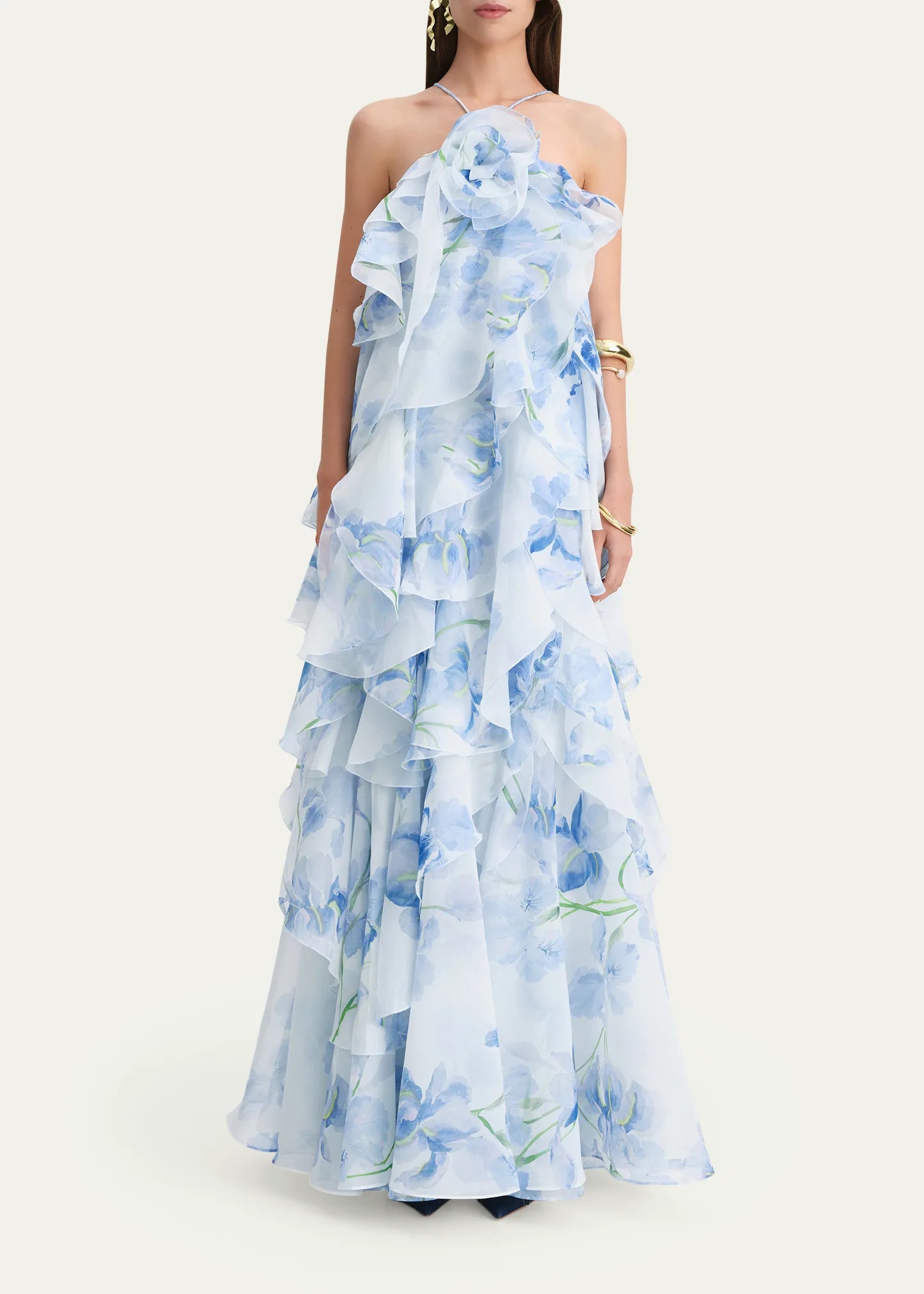 AJ Pandorea Halter Layered Maxi Dress in Iris Blue Floral & Butter Yellow