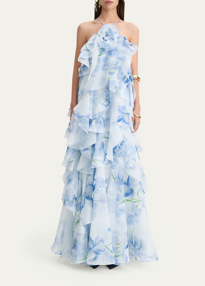 AJ Pandorea Halter Layered Maxi Dress in Iris Blue Floral & Butter Yellow