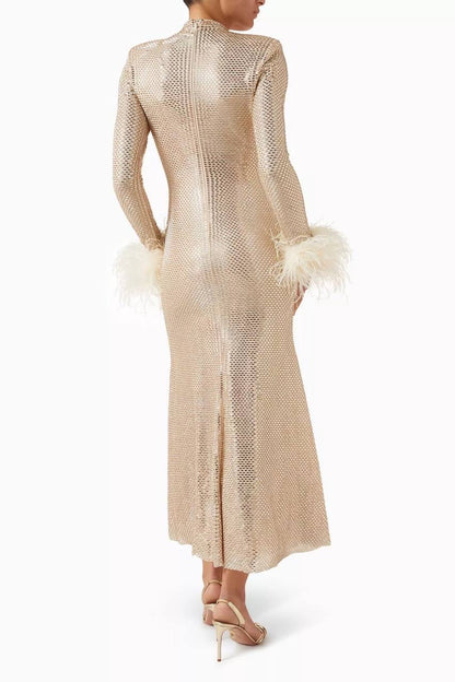 SP Champagne Rhinestone Feather Midi Dress