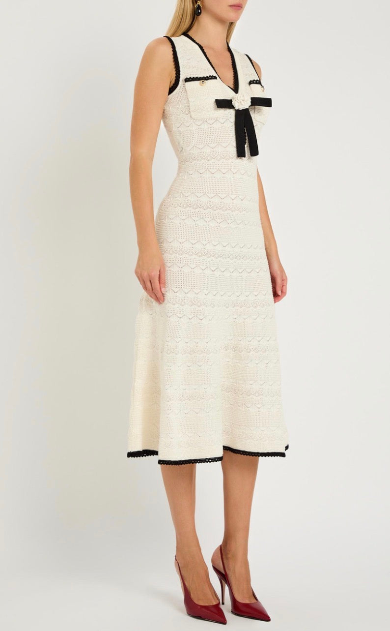 SP White 3D Rosette Pointelle Cotton-blend Knit Contrast Bow Mini | Midi Dress