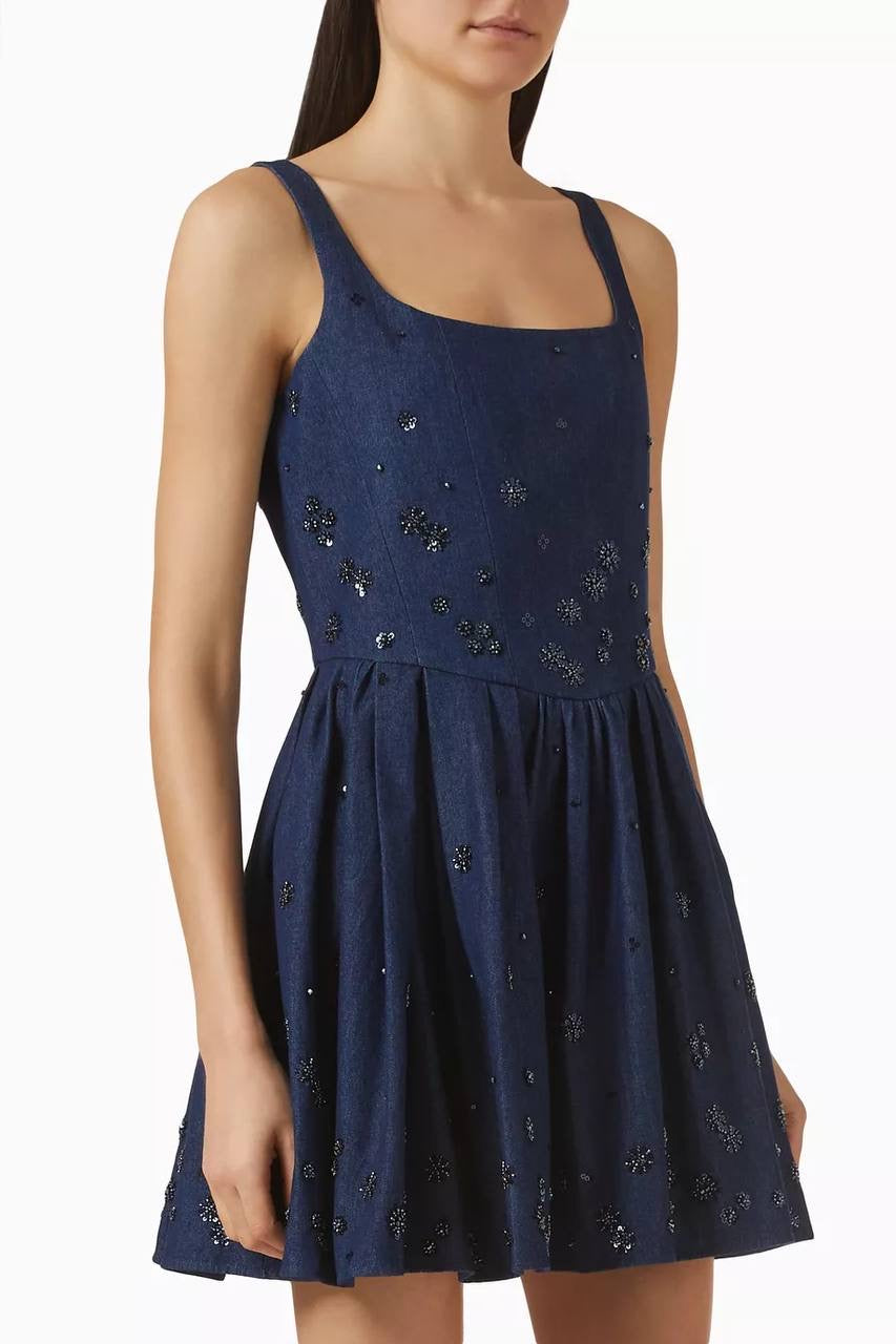 MJ Robradito Flared Embroidered Denim Mini Dress