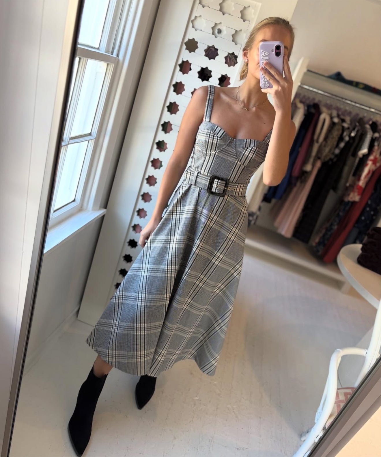 3 Colors! CC Calypso Bustier Belted Midi Dress in Floral Linen | Wool-blend Pinstripe | Plaid Check