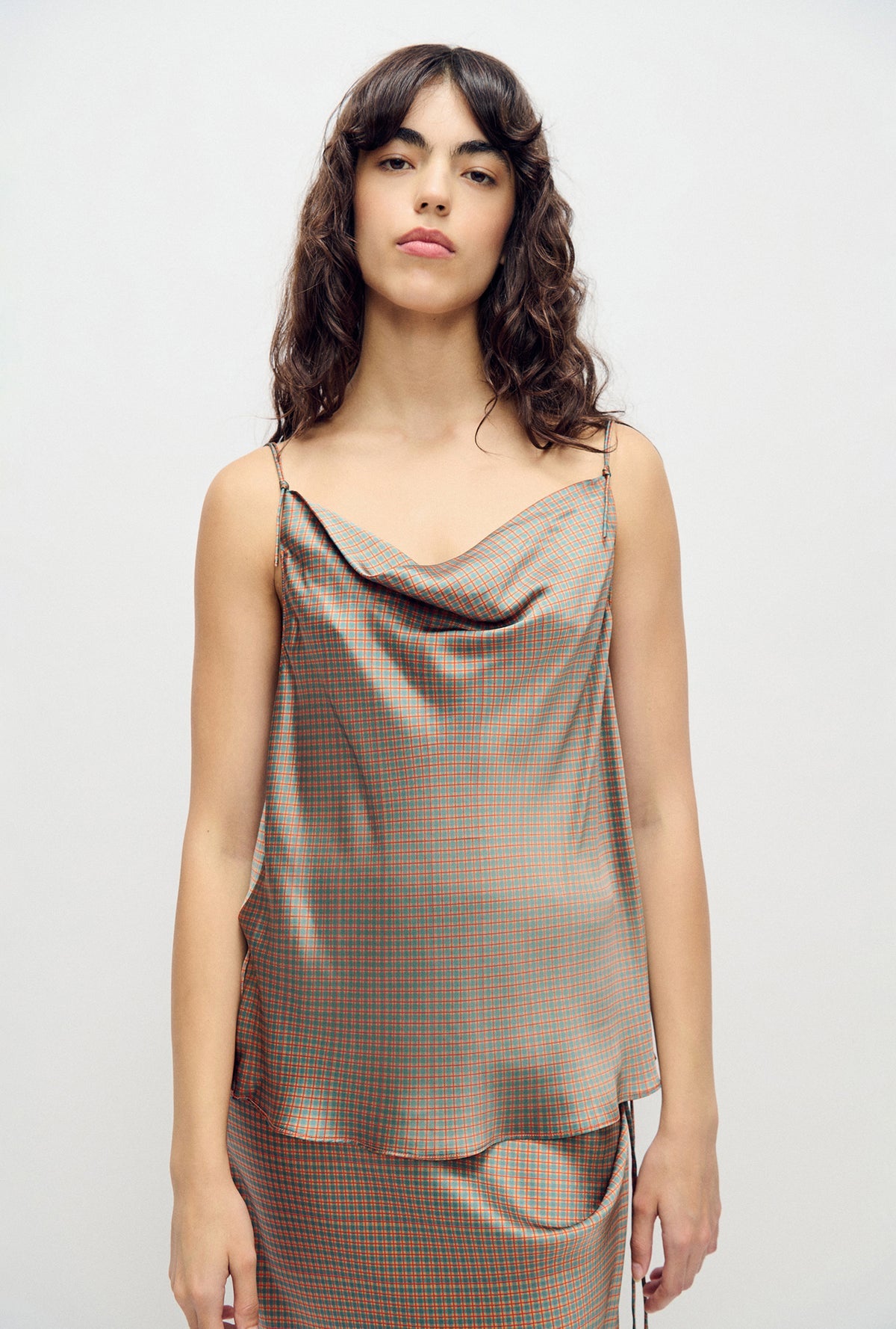 SL Drape Silk Satin Reversible Cami Top in Hammered Black & Micro Plaid