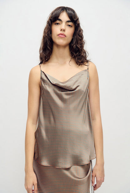 SL Drape Silk Satin Reversible Cami Top in Hammered Black & Micro Plaid