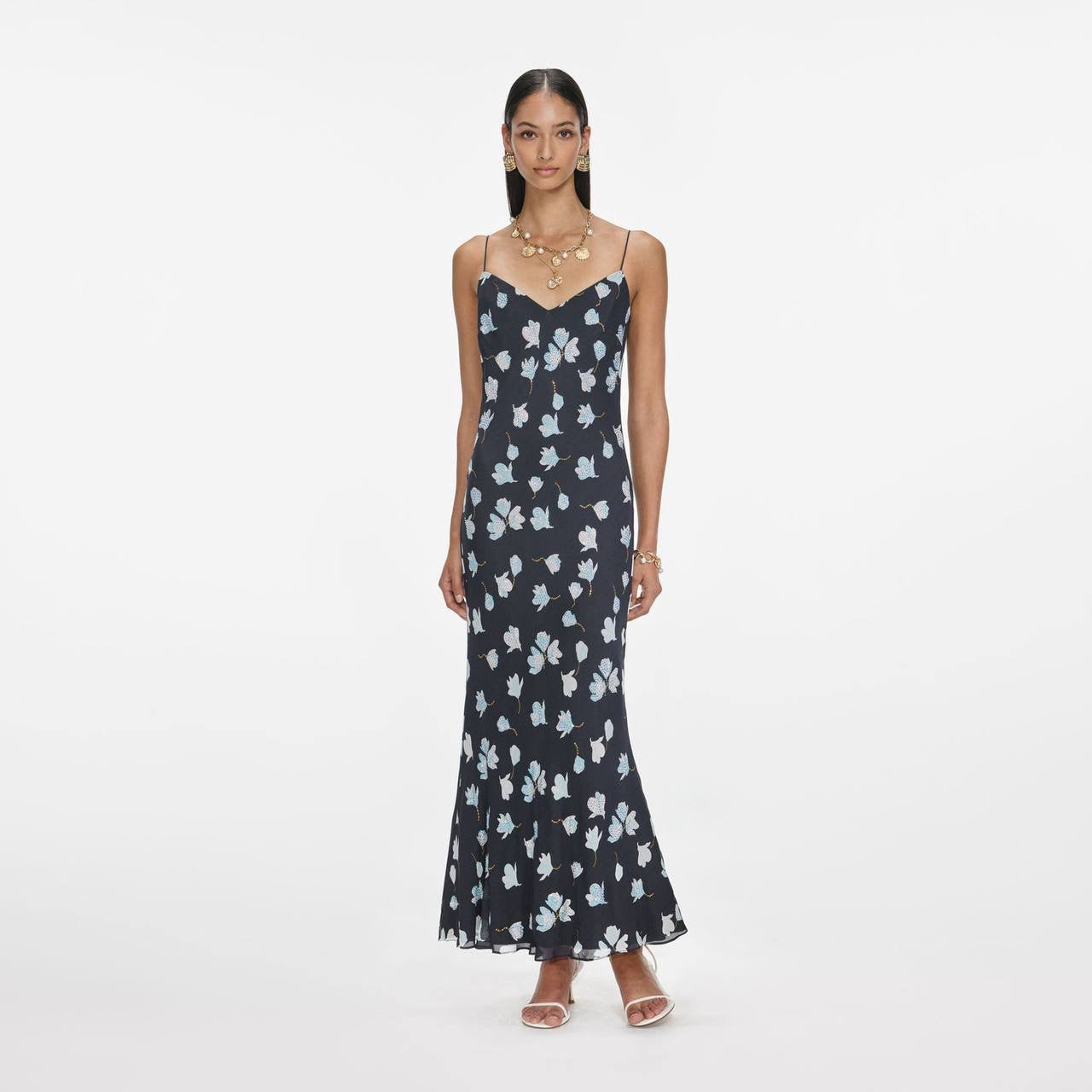 SP Navy Floral Rhinestone Strappy Midi & Maxi Dress