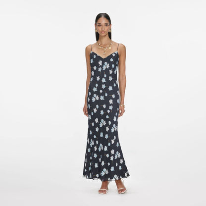 SP Navy Floral Rhinestone Strappy Midi & Maxi Dress