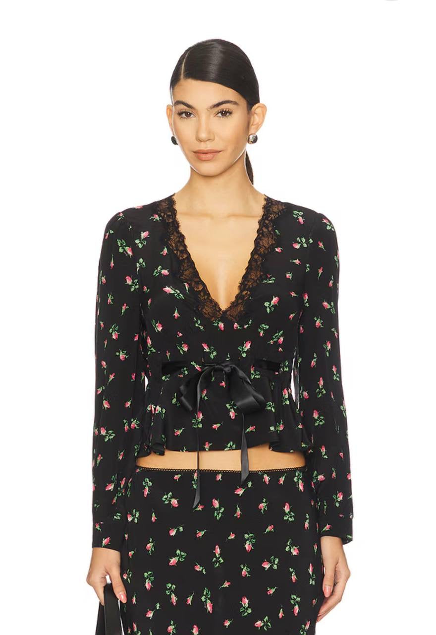 RX Charis Silk Lace-trim Top in Sienna Bud Rose Black