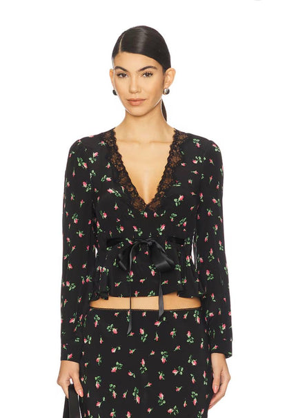 RX Charis Silk Lace-trim Top in Sienna Bud Rose Black