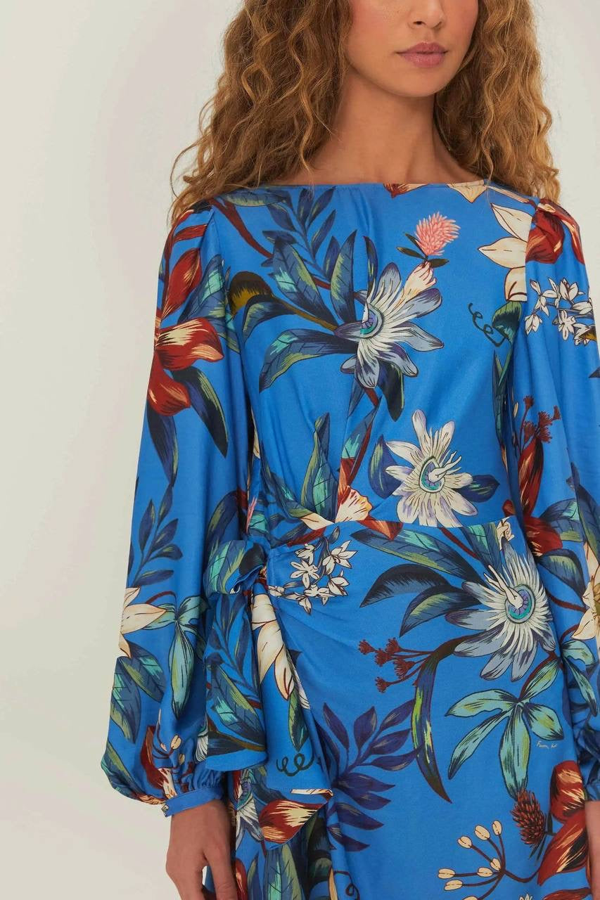 FR Blue Surreal Flowers Viscose Wrap Mini Dress