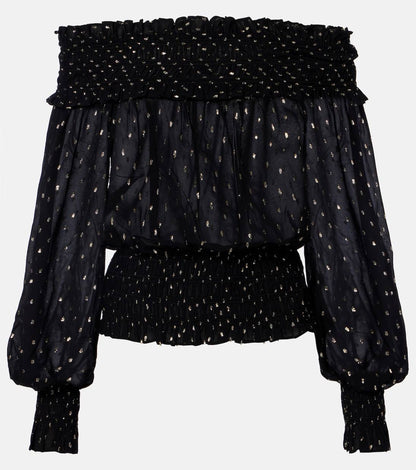 SP Black And Gold Chiffon Off Shoulder Top | Tiered Maxi Skirt | Set
