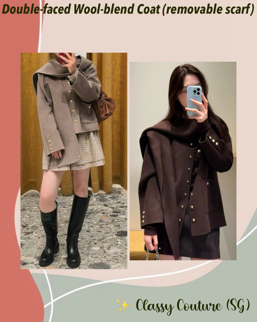 Brown & Camel Short Double-faced Wool-blend Coat Jacket (removable scarf-hood)
