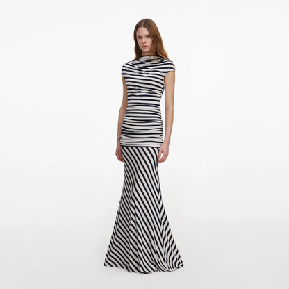 SP Navy Blue Stripe Jersey Short Sleeve Drop Waist Maxi Dress