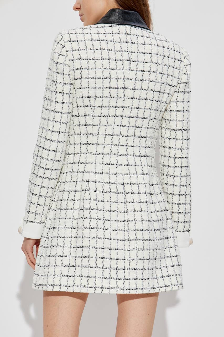 SP Check Boucle Leather Trim Long Sleeve Mini Dress