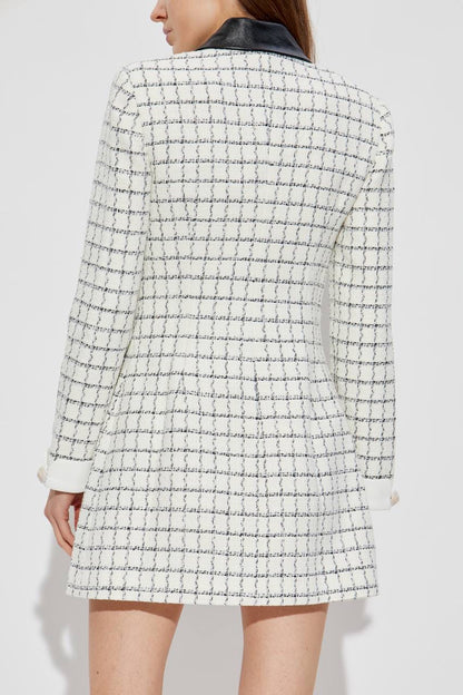 SP Check Boucle Leather Trim Long Sleeve Mini Dress