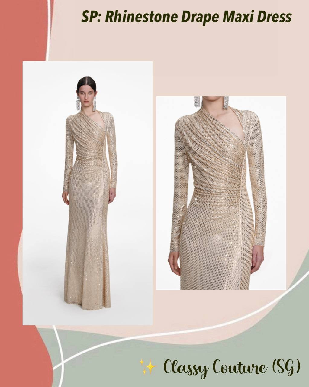 SP Champagne Rhinestone Drape Maxi Dress