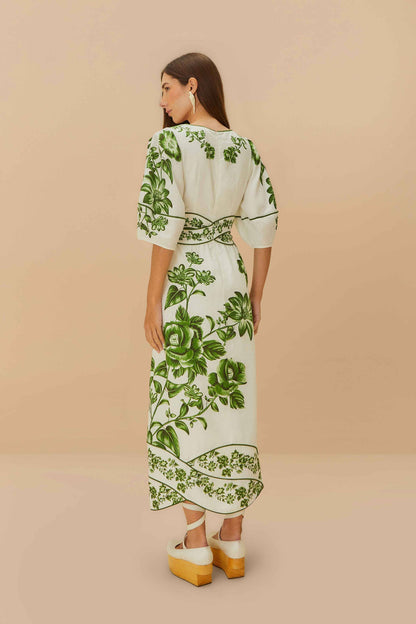 FR Green Floral Cascade Blue Yard Linen-Viscose Midi Dress