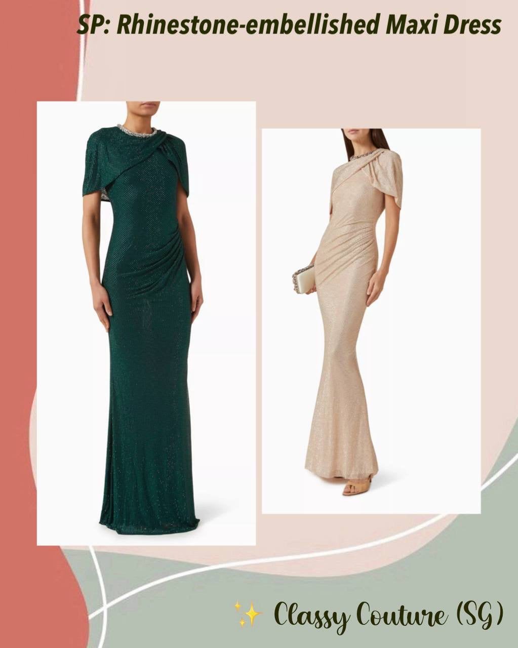 SP Green & Champagne Rhinestone-embellished Draped Sleeve Maxi Dress