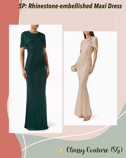 SP Green & Champagne Rhinestone-embellished Draped Sleeve Maxi Dress