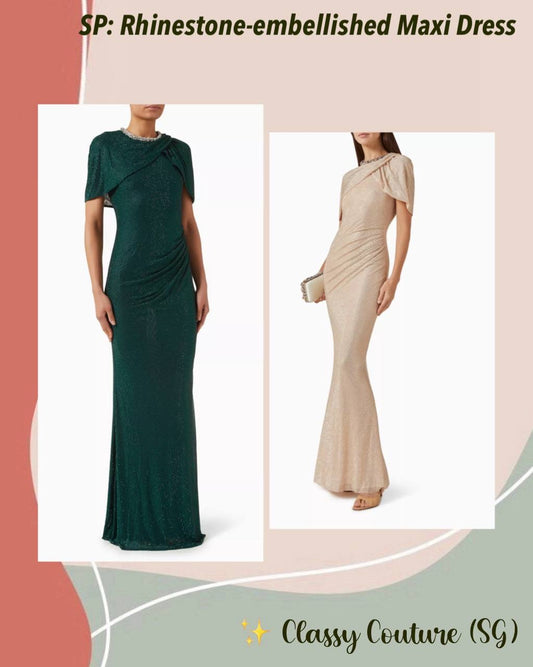 SP Green & Champagne Rhinestone-embellished Draped Sleeve Maxi Dress