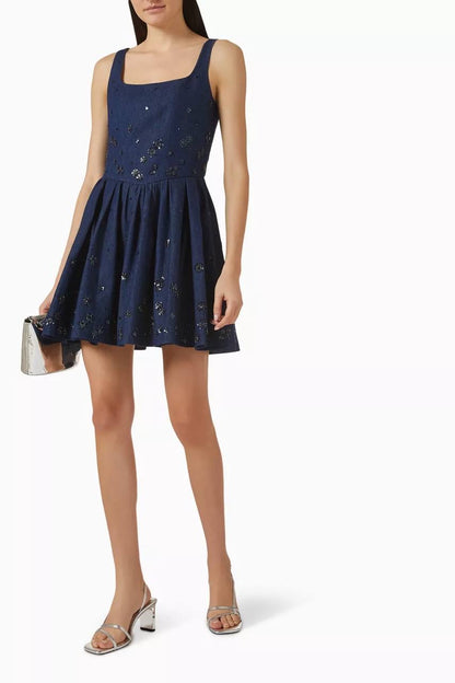 MJ Robradito Flared Embroidered Denim Mini Dress