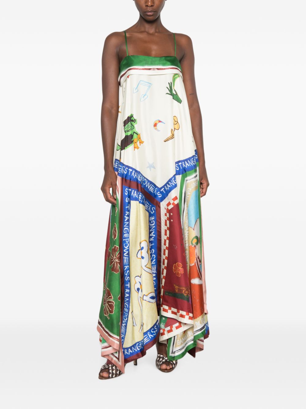ALM021 Green Eclectic Patchwork Handkerchief Silk Maxi Dress Sundress