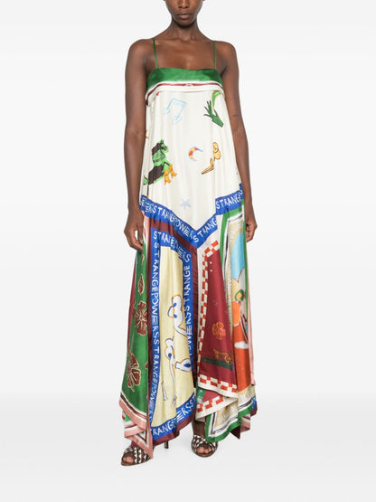 ALM021 Green Eclectic Patchwork Handkerchief Silk Maxi Dress Sundress