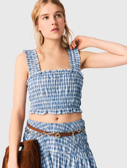 MJ Lunamimi Smocked Crop Top | Jomimi Midi Skirt | Rhinestone-embellished Gingham Cotton Set