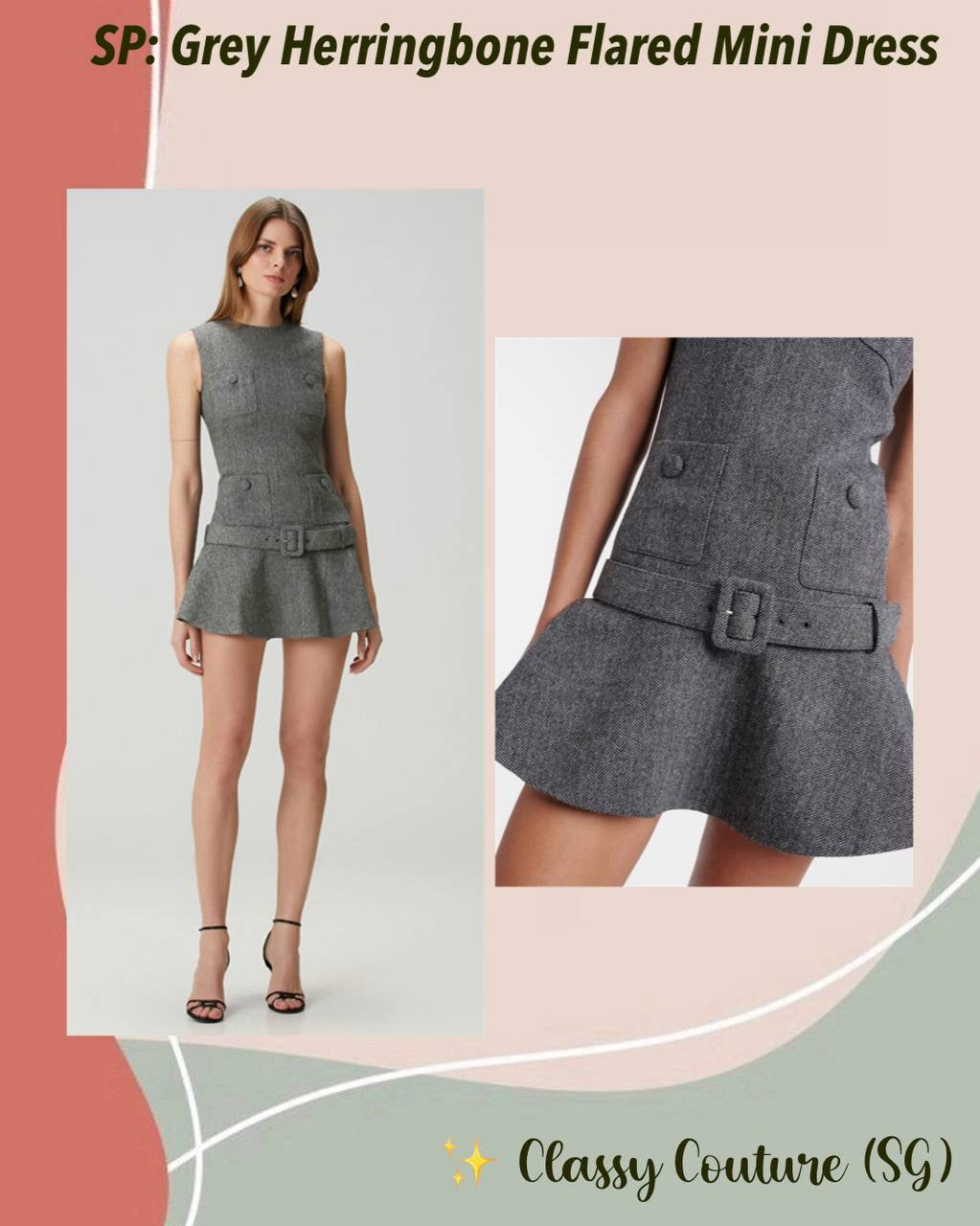 SP Grey Herringbone Belted Drop Waist Flared Mini Dress