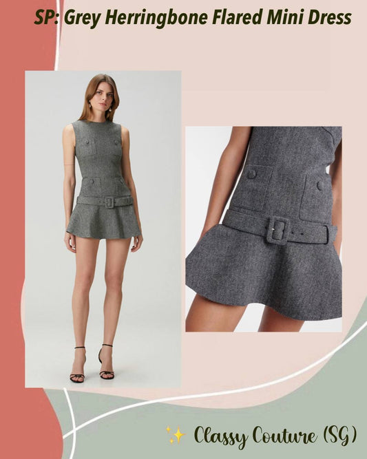 SP Grey Herringbone Belted Drop Waist Flared Mini Dress