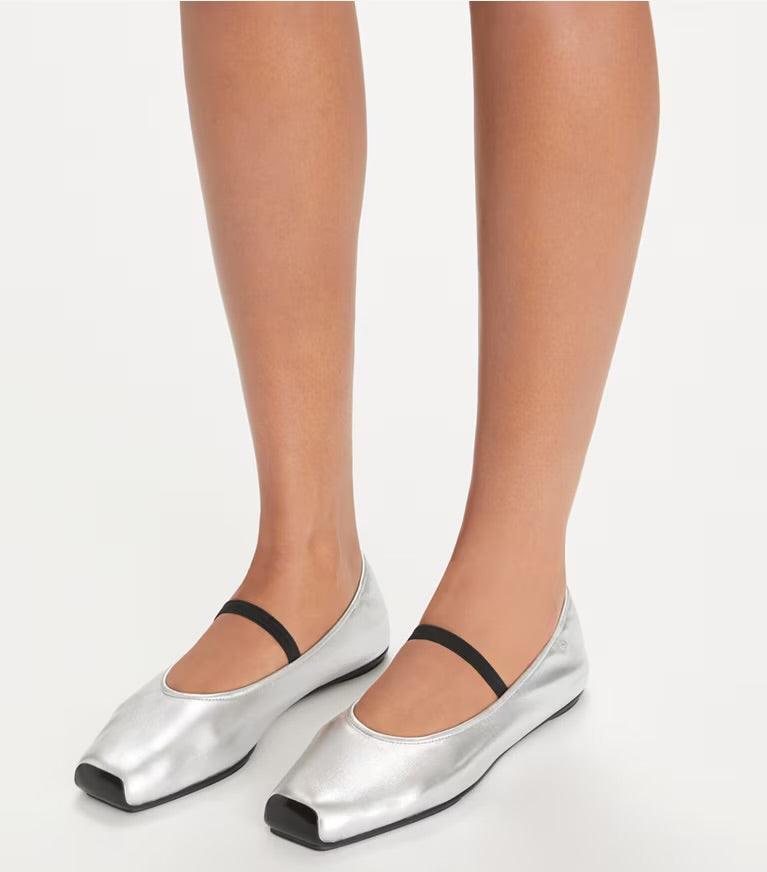 TB Runway Leather Ballet Flats in Black & Silver