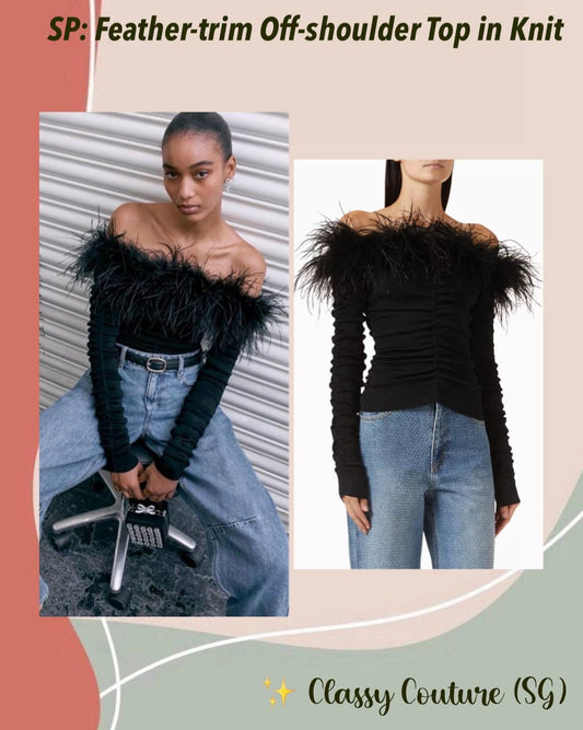 SP Feather-trim Off-shoulder Top in Knit