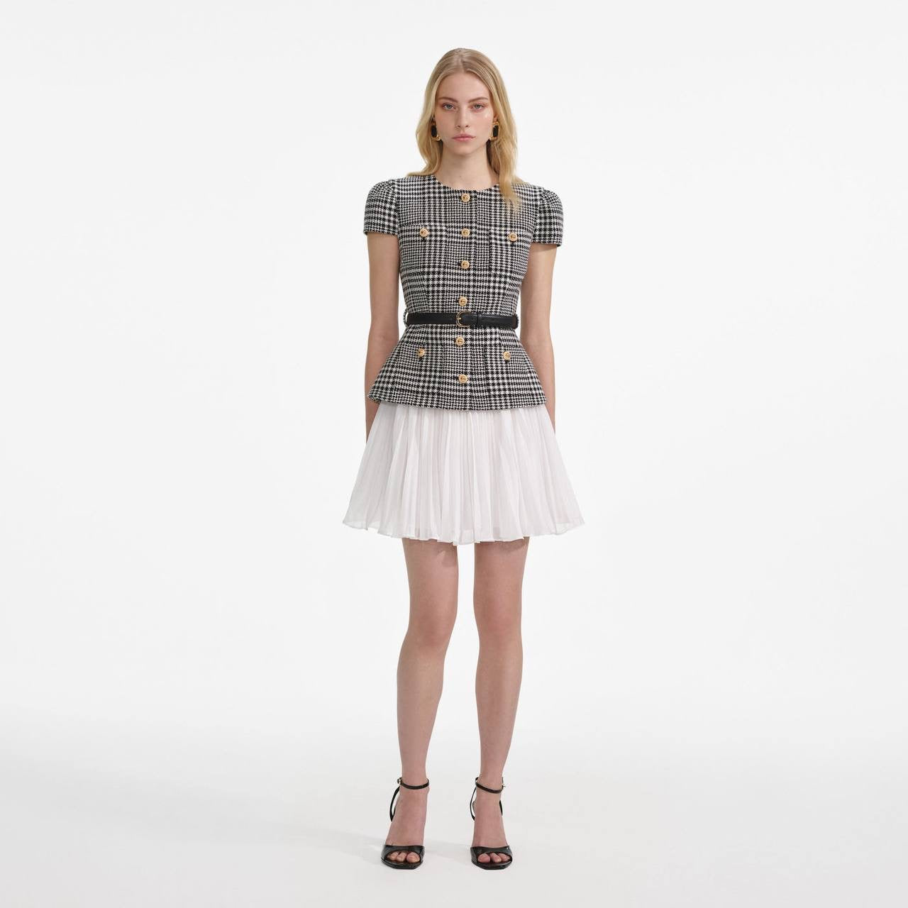 SP Grey Houndstooth Pleated Belted Short Sleeve Mini Dress | Tailored Midi Dress