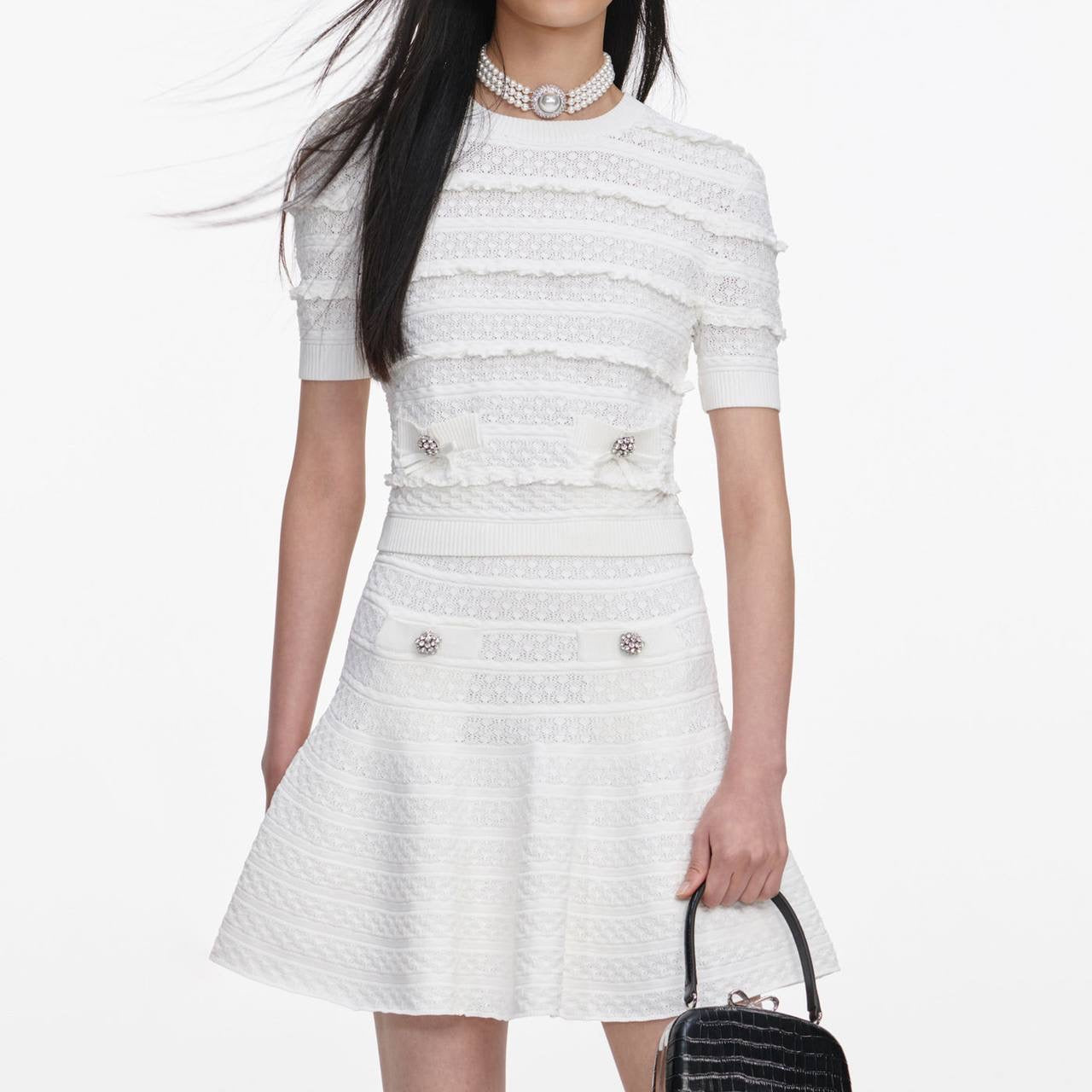 SP White Pointelle Short-Sleeve Sweater Top | Midi Skirt | Set