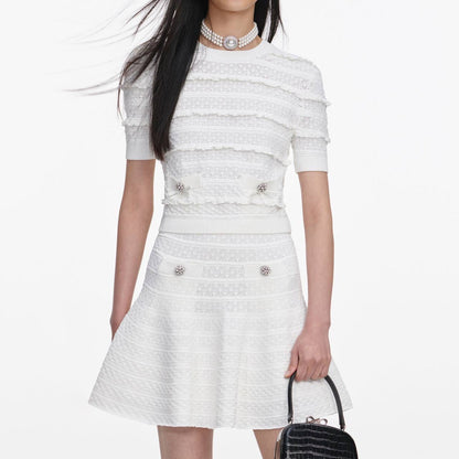 SP White Pointelle Short-Sleeve Sweater Top | Midi Skirt | Set