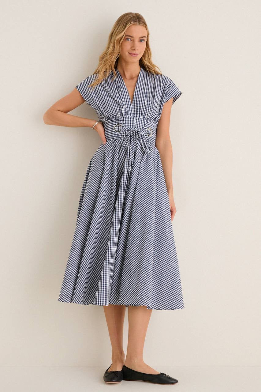 2 Colors! ALX Riviera Cotton-Viscose Midi Dress in White & Navy Gingham Blue