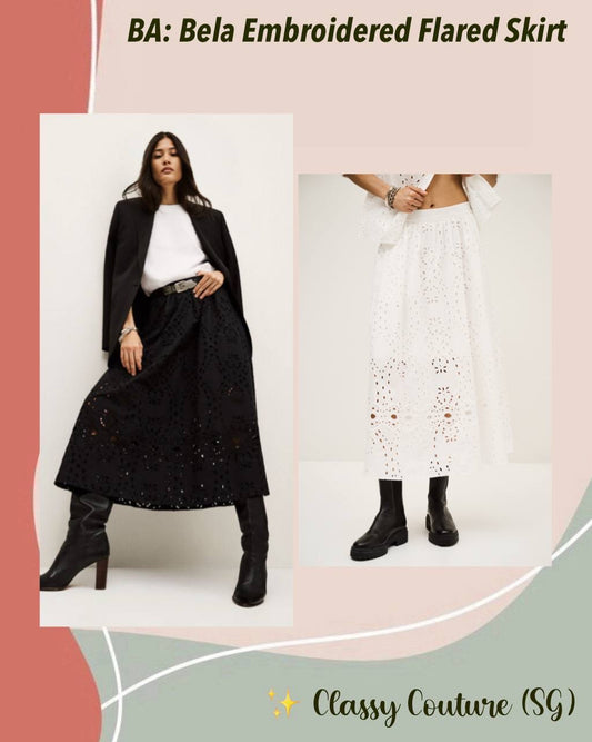 BA Bela Embroidered Eyelet Flared Organic Cotton Midi Skirt