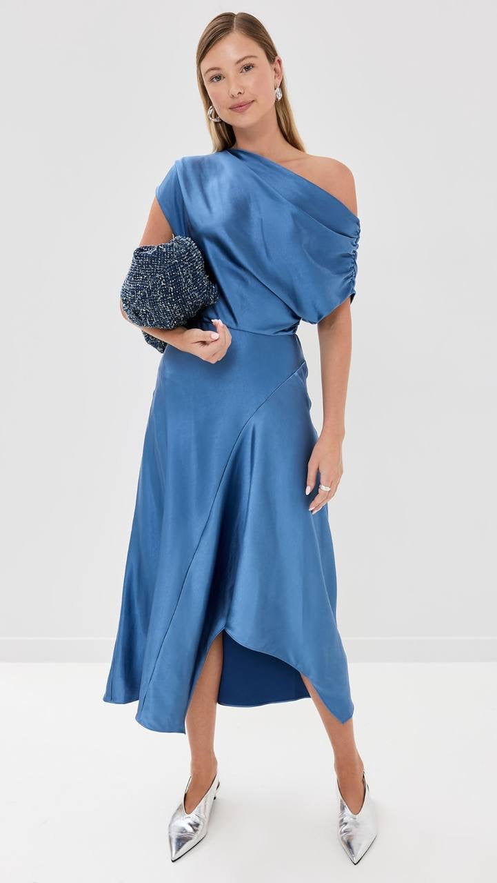ALC Jasmine Ruched One Shoulder Satin Midi Dress