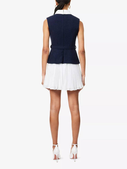 SP Navy Boucle & Chiffon Pleated Sleeveless Woven Mini Dress