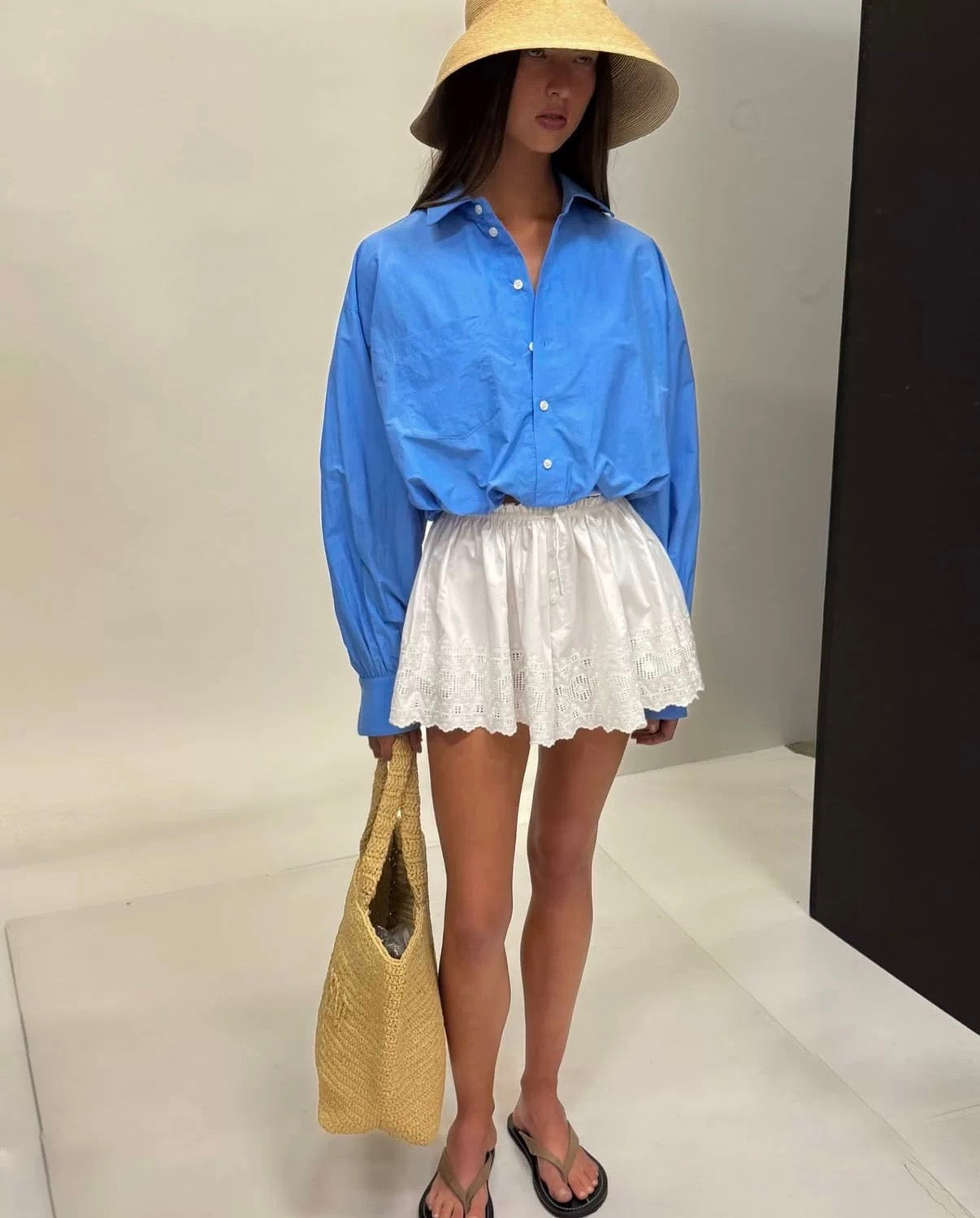HS The Summer White Overshirt Oversized Shirtdress Shirt | White Shorts w Vintage Swiss Embroidery | Cotton Set