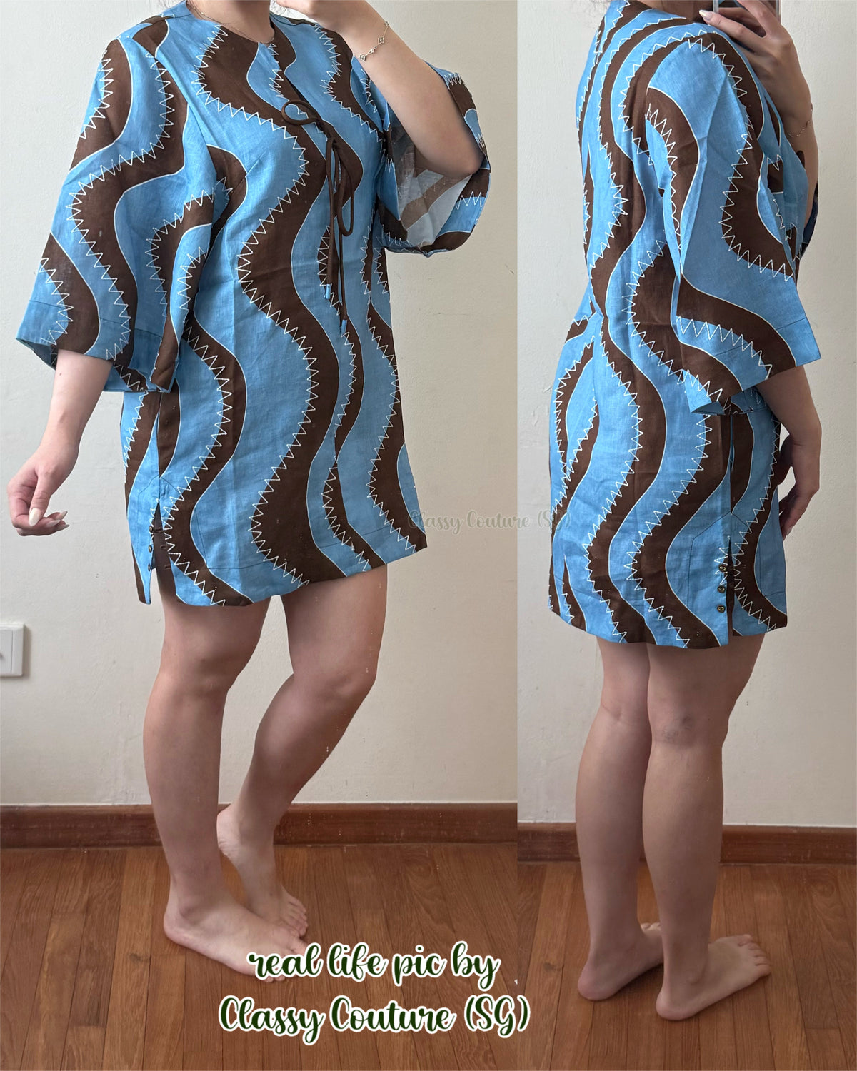 ALM024 Bold Brown/Blue Wave Stitch Tunic Shift Linen Mini Dress