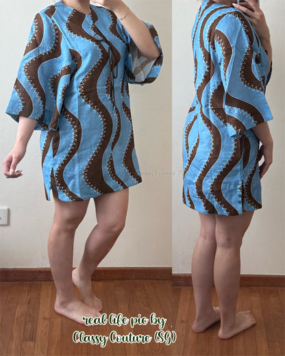 ALM024 Bold Brown/Blue Wave Stitch Tunic Shift Linen Mini Dress