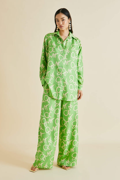 OVH Wolfe Beauvoir Green Signature Silk Twill Pyjamas Shirt Pants Set