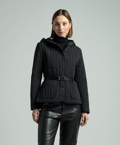 MK Raja Light Down Vertical Quilted Hooded Jacket with Belt